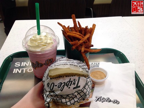 Triple-O's by White Spot - Monty Mushroom Burger Combo with Strawberry Milkshake and Sweet Potato Fries