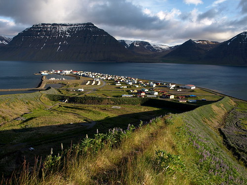 mountain landscape evening village fjord vestfirðir westfjords önundarfjörður flateyri varnargarðar