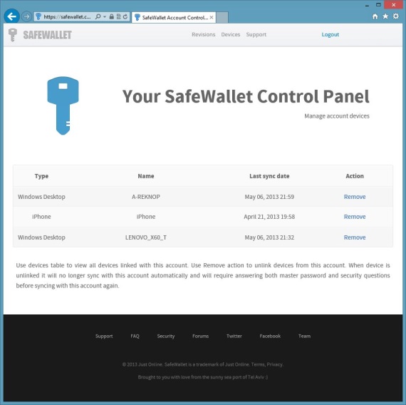SafeWallet 3 Control Panel Devices Screen Capture 570px