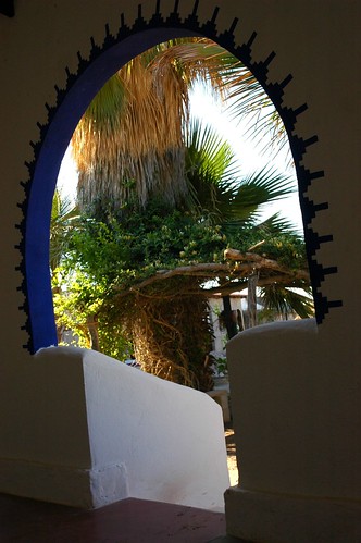 Blue painted detail, entrance to the walkway, palm trees, hotel, San Bruno, Baja California Sur, Mexico by Wonderlane