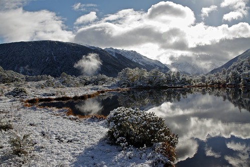 newzealand lake snow mountains reflection water clouds canon landscape bush nz 7d lewispass top20nz rogefoto