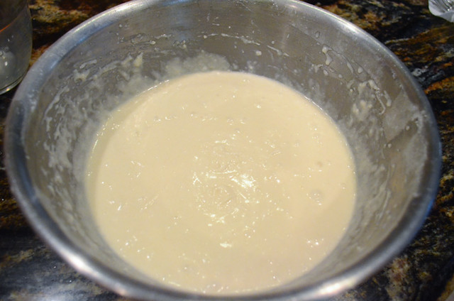 The cake mixture after it is finished being beaten.