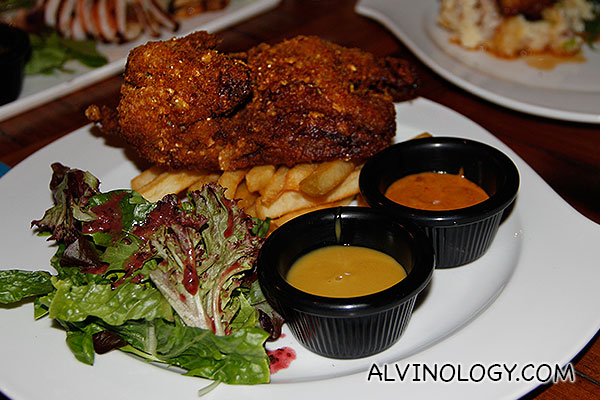 Buttermilk Chicken (S$16) - half spring chicken marinated in buttermilk and herbs mix, coated with matzo bits, deep fried till golden brown, served with fries and salad