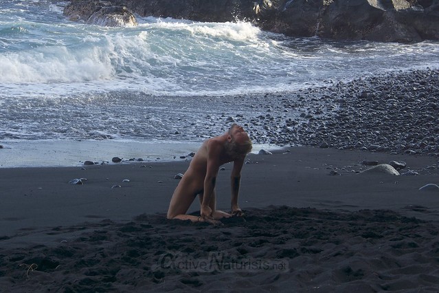 naturist yoga 0005 Kehena black sand beach, Hawaii, USA