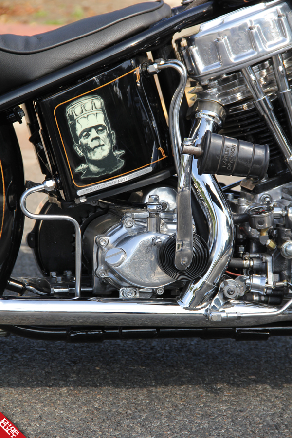 A close up of the black and white Frankenstein decal on the bike