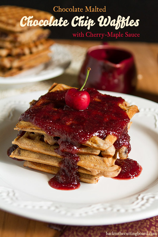 Malted Chocolate Chip Waffles with Maple-Cherry Sauce
