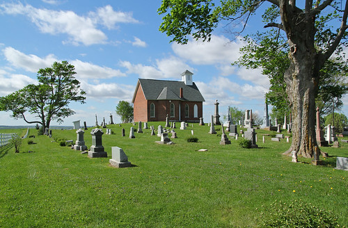blue trees windows roof chimney sky building brick tower church cemetery clouds fence spring bell stones gothic shingle scenic headstones places structure graves historic mount national tabor register asphalt tombstones bushes gravestones hilltop pleasant revival lancet 1881 nrhp lancetarched