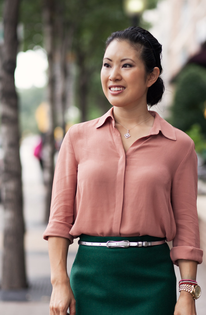 pink chiffon shirt, green pencil skirt, silver belt, pewter gray shoes outfit #ootd
