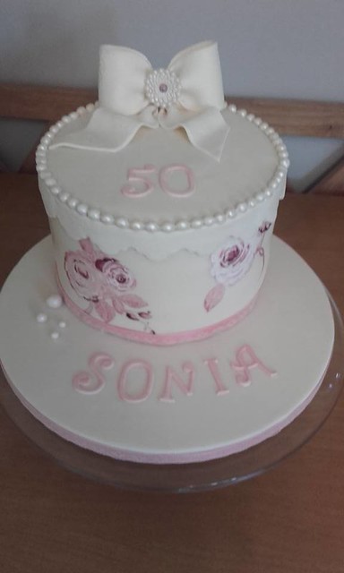 Cabbages and Roses Inspired Hand Painted 50th Birthday Cake by Emma Simpson