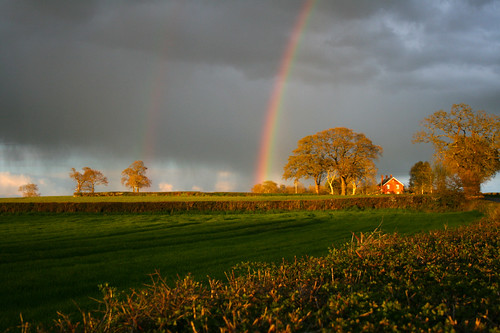 red 2 two england sun sunlight house tree brick rain landscape countryside rainbow double herefordshire rainbows
