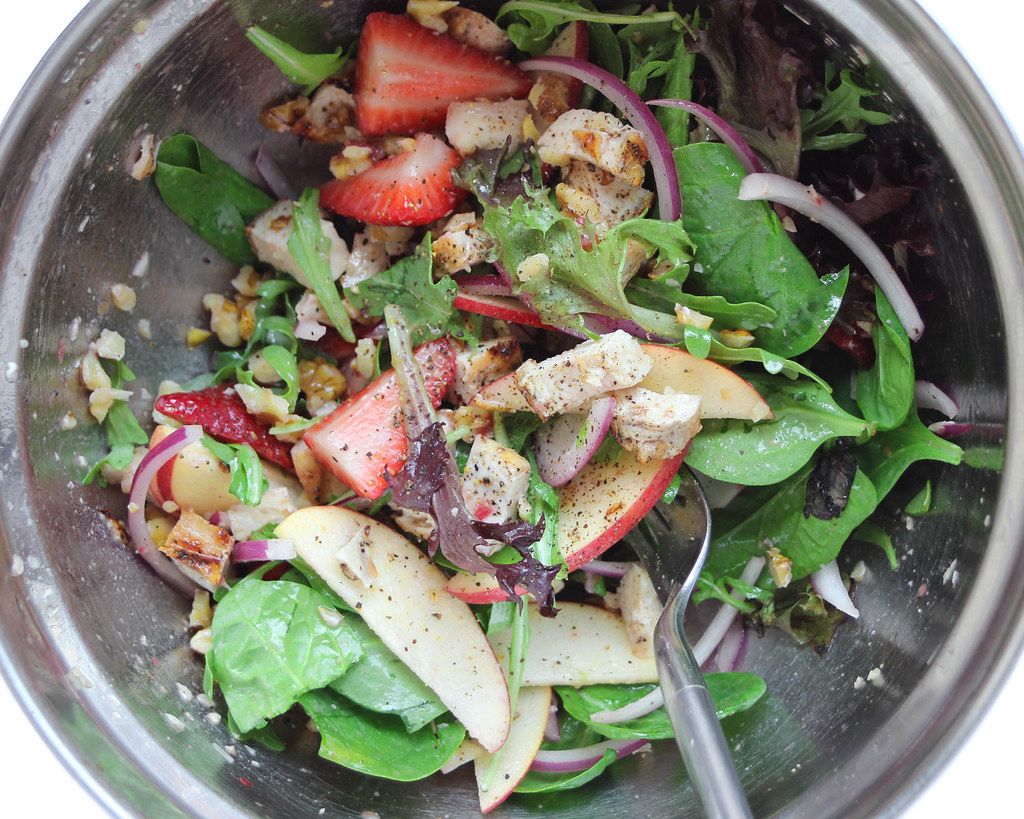 Grilled Chicken Salad with Strawberries, Apples, and Walnuts