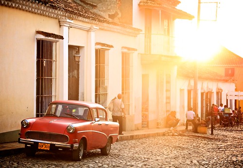 street sunset red sun house car vintage cuba colonial carribean cobbled trinidad opel