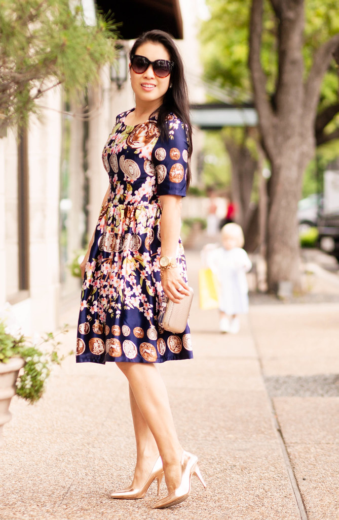 cute & little blog | petite fashion | navy floral coins print dress, rose gold pumps | spring outfit