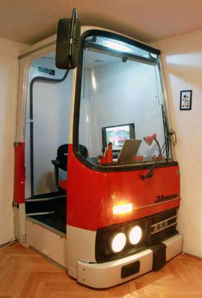 Small Home Office Design with Space Divider Recycling Old Bus Cabin