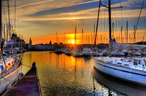 sunset sea france reflection tower water weather night harbor town fishing fisherman europe atlantic clear larochelle hdr
