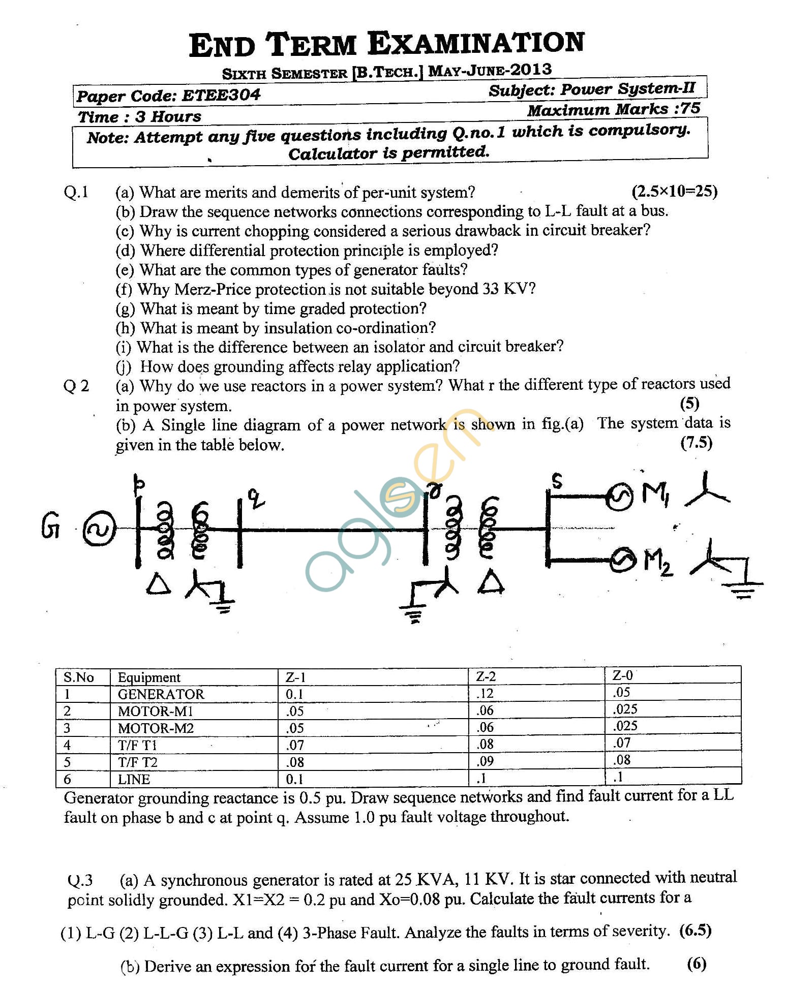 GGSIPU Question Papers Sixth Semester – End Term 2013 – ETEE-304