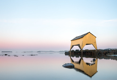 morning blue roof house mist seascape reflection building nature water yellow norway fog sunrise landscape early hafrsfjord rocks quiet peace purple shed peaceful nobody calm harmony fjord dim boathouse buoy soothing horizen windless