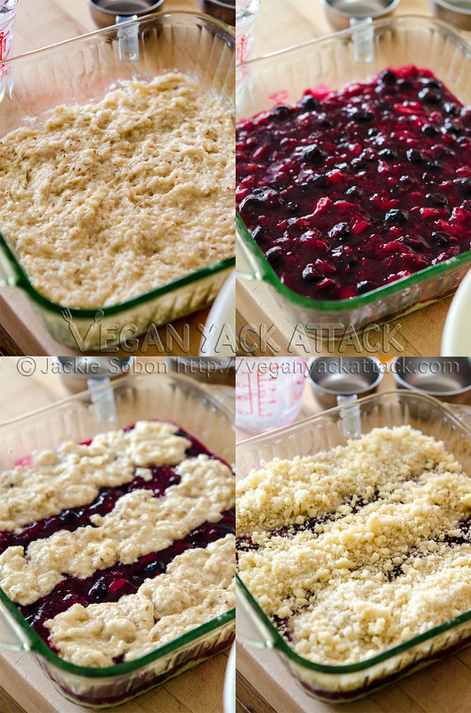 4 process photos of mixed berry coffee cake being assembled