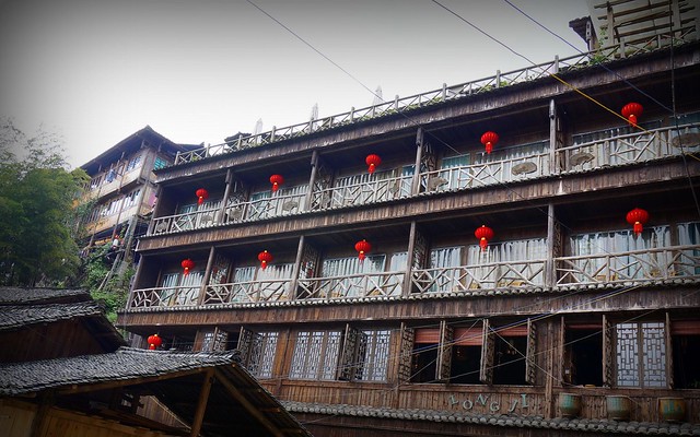 A building decorated with red lanterns.