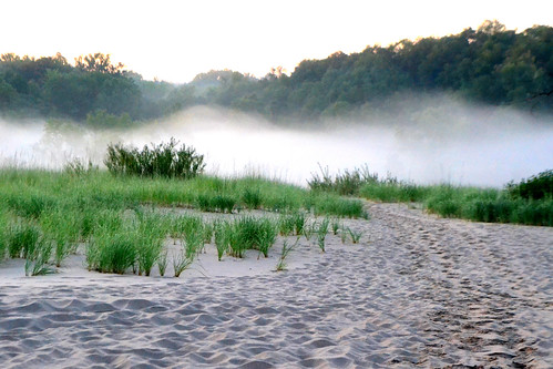 morning travel mist nature fog sunrise michigan roadtrip lakemichigan warrendunesstatepark