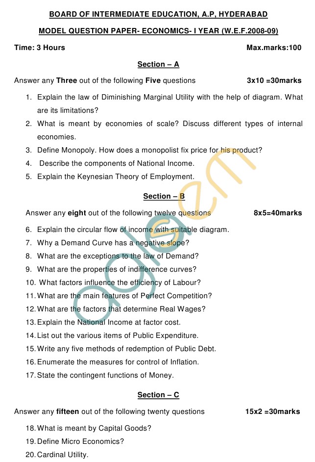 AP Board Intermediate I Year Economics Model Question Paper
