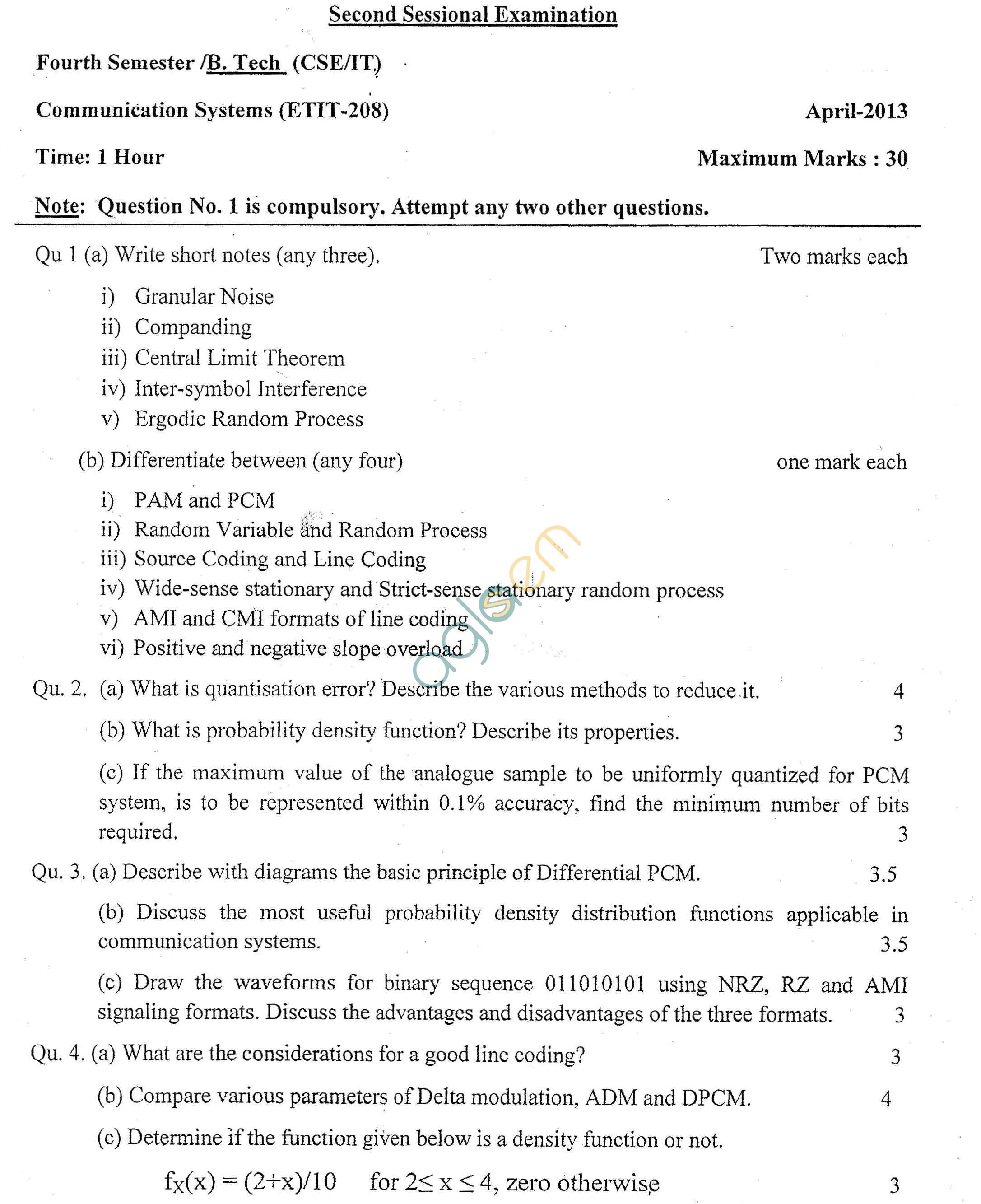 GGSIPU Question Papers Fourth Semester – Second Term 2013 – ETIT-208