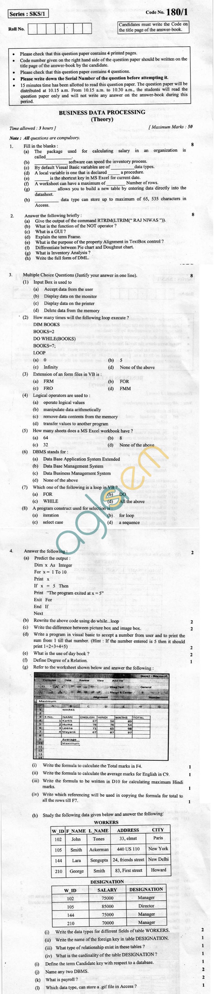 CBSE Board Exam 2013 Class XII Question Paper - Business Data Processing