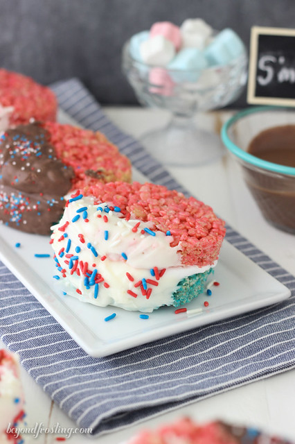 Gooey S'mores Rice Krispie Treats in a patriotic Red White and Blue
