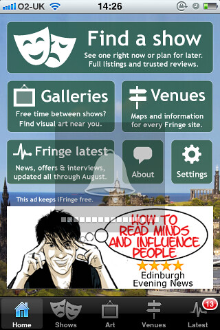 The home page of FringeGuru's iFringe app