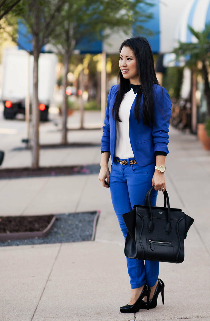 cobalt suit, cobalt blazer, cobalt pants, leopard print belt, celine mini luggage tote outfit #ootd