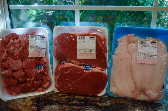 Packages of raw meat.