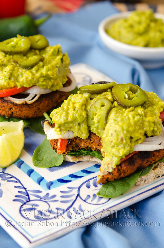A flavorful, homemade, Soyrizo Guacamole Burger, topped with with an easy guac recipe and grilled veggies! Vegan, Nut-free, Gluten-free Option