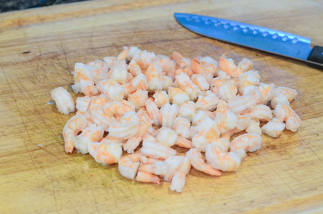 The shrimp is cut into chunks.