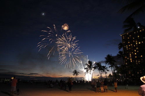Fireworks on the beach at Hilton Hawaiian Village