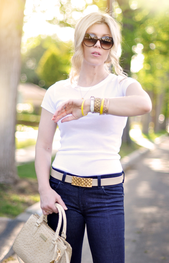 jeans and a white t - nude and yellow accessories-gold jewelry