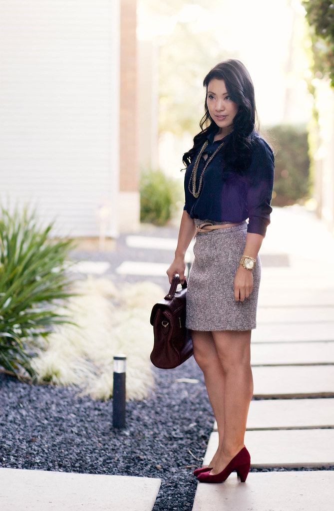 navy silk button down shirt, tweed mini skirt, red suede pumps outfit #ootd