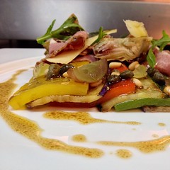 Grilled Vegetable Salad, Pastrami, Pine Seeds, with Marinated Golden Grapes by Chef Gilbert from #plazaathenee #spaghettini