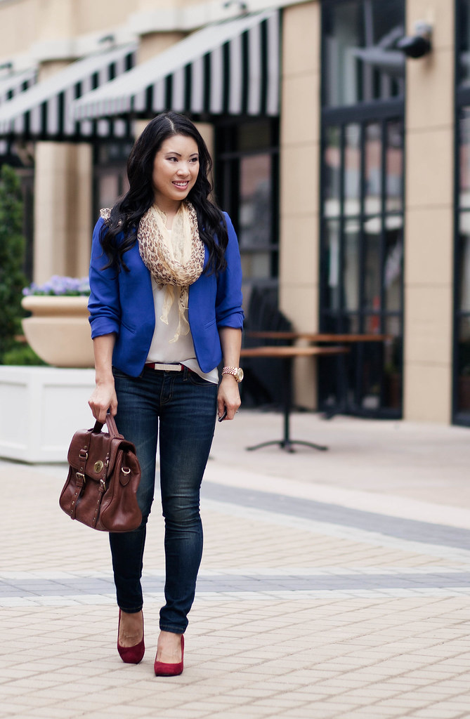 cute & little blog | cobalt blazer, leopard scarf, red heels, outfit #ootd, petite fashion