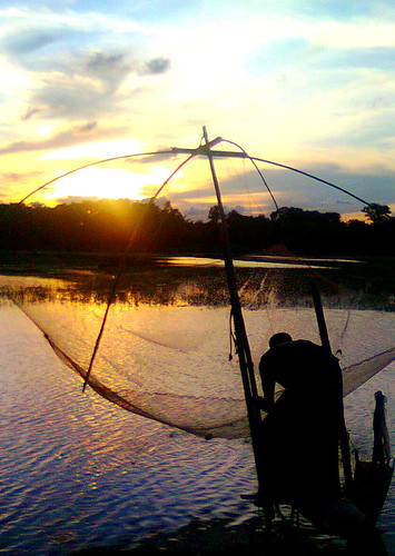 sunset man net water fishing collection