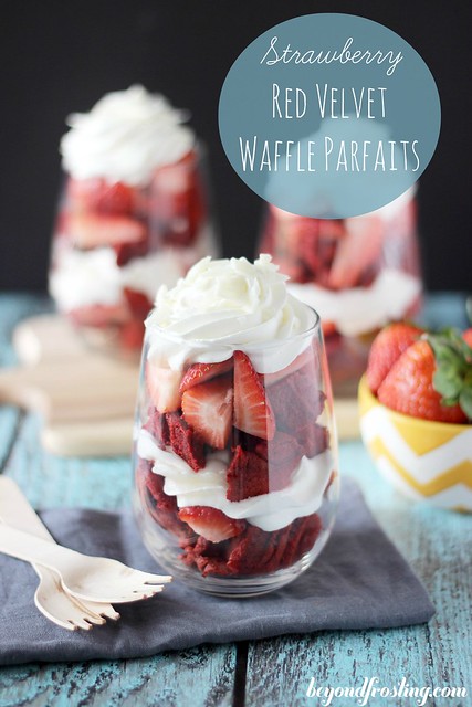 Strawberry Red Velvet Waffle Parfaits | beyondfrosting.com | #waffles #redvelvet