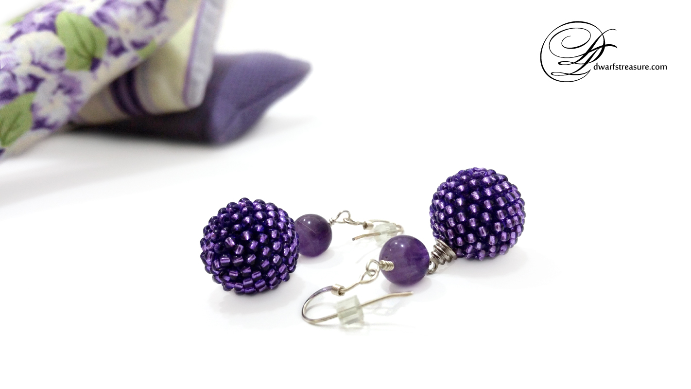 sophisticated purple beaded ball silver earrings with sachet