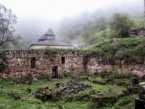 2006 armenia haghartsin architecture church fog garden nature rock village wall tavush