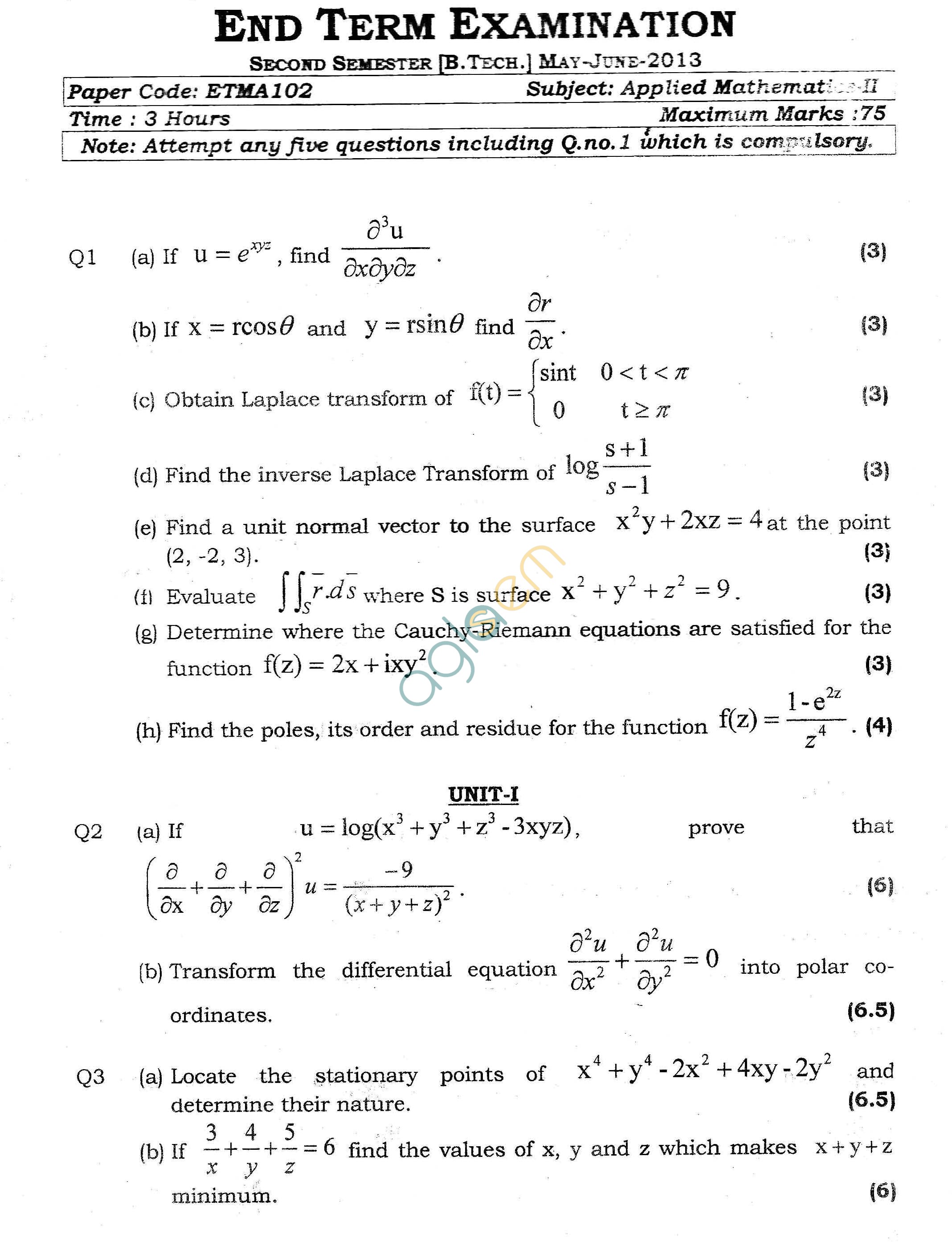 GGSIPU Question Papers Second Semester – End Term 2013 – ETMA-102