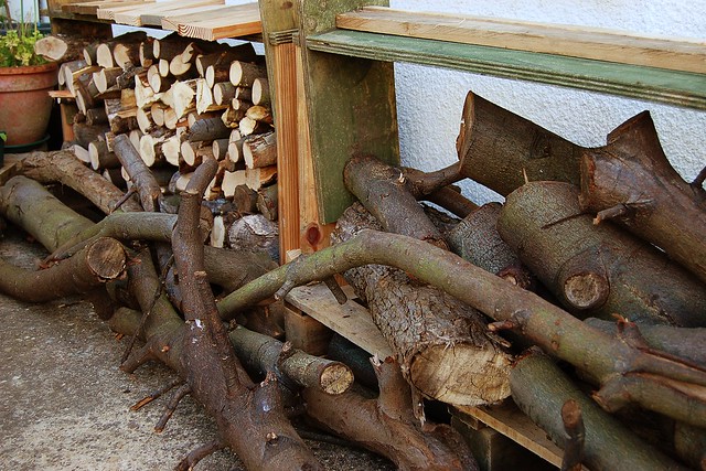 Homemade woodstore, stacked with logs