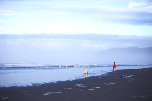 morning blue winter orange dog mountain beach silhouette clouds sunrise sand walk tide haystack cannon vest portand