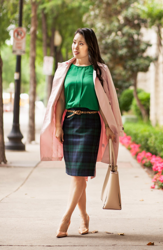 cute & little blog | petite fashion | pink trench coat, green flutter sleeve blouse, leopard belt, plaid skirt | spring outfit