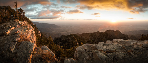 new sunset panorama orange mountain rock clouds mexico albuquerque peak nm sandia