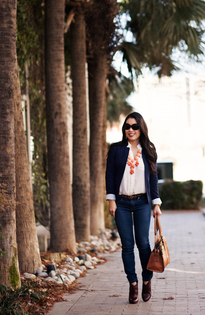 cute & little blog | navy blazer, white blouse, skinny jeans, leopard belt, coral bubble necklace, brown ankle booties outfit