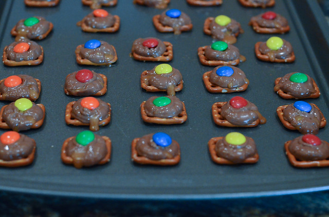 The Pretzel Candies with melted chocolate after they've come out of the oven.