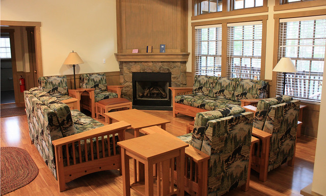 Virginia State Parks lodges have plenty of seating for large groups.  This is the Beard's Mountain lodge at Douthat State Park.